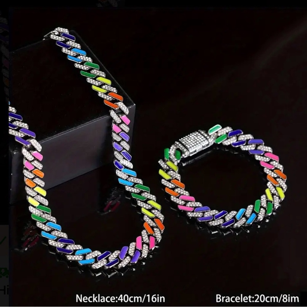 Hip Hop Chain 2pcs Colorful Cuban Link Chain Necklaces,Silvery Plated - Picture 4 of 4
